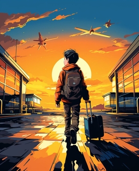 背包旅行小男孩背影绘画图片